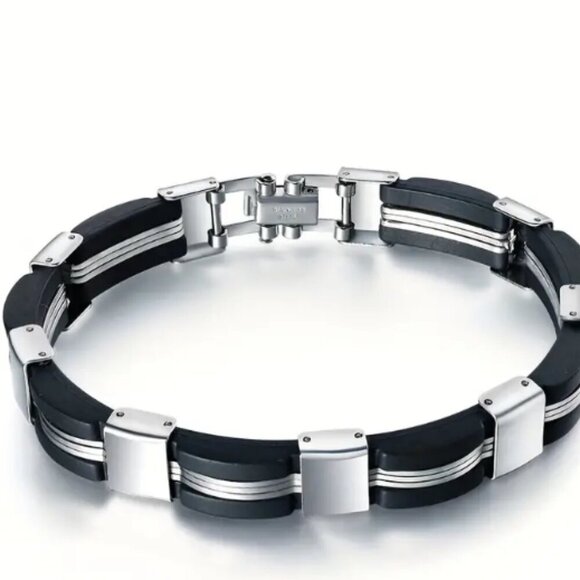 NEW MENS Stainless Steel and  Silicone black silver tone Cuff Bracelet - Picture 4 of 4